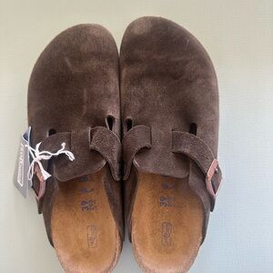 Brown Suede Clogs with Buckle